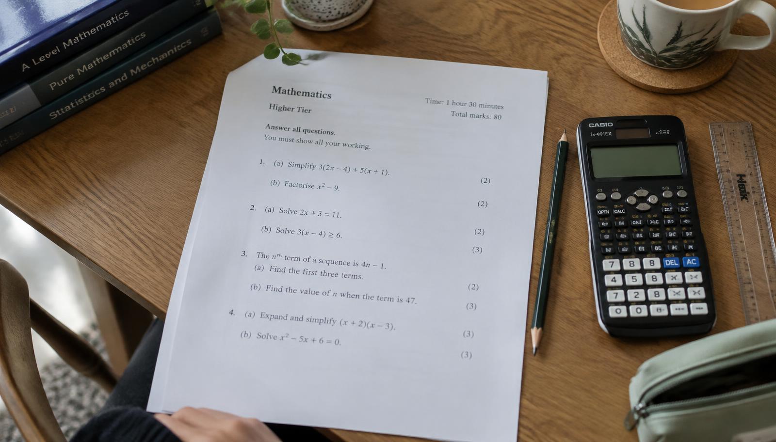 Biurko ucznia z arkuszem maturalnym z matematyki, kalkulatorem i ołówkiem w świetle dziennym