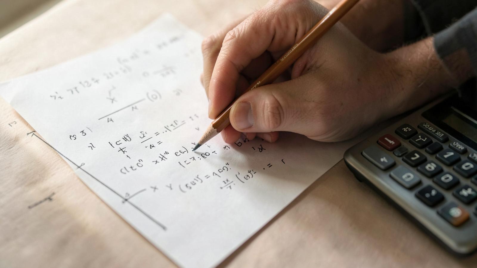 Zbliżenie na dłonie rozwiązujące zadanie z matematyki, widoczne obliczenia na kartce i kalkulator