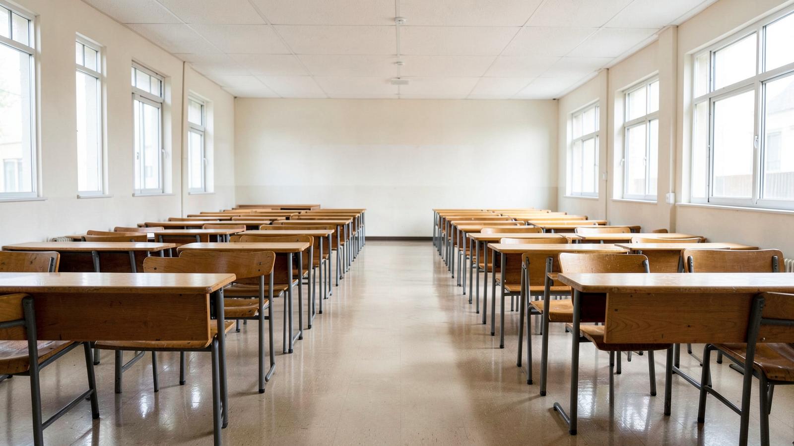 Pusta sala egzaminacyjna z rzędami ławek widziana od tyłu